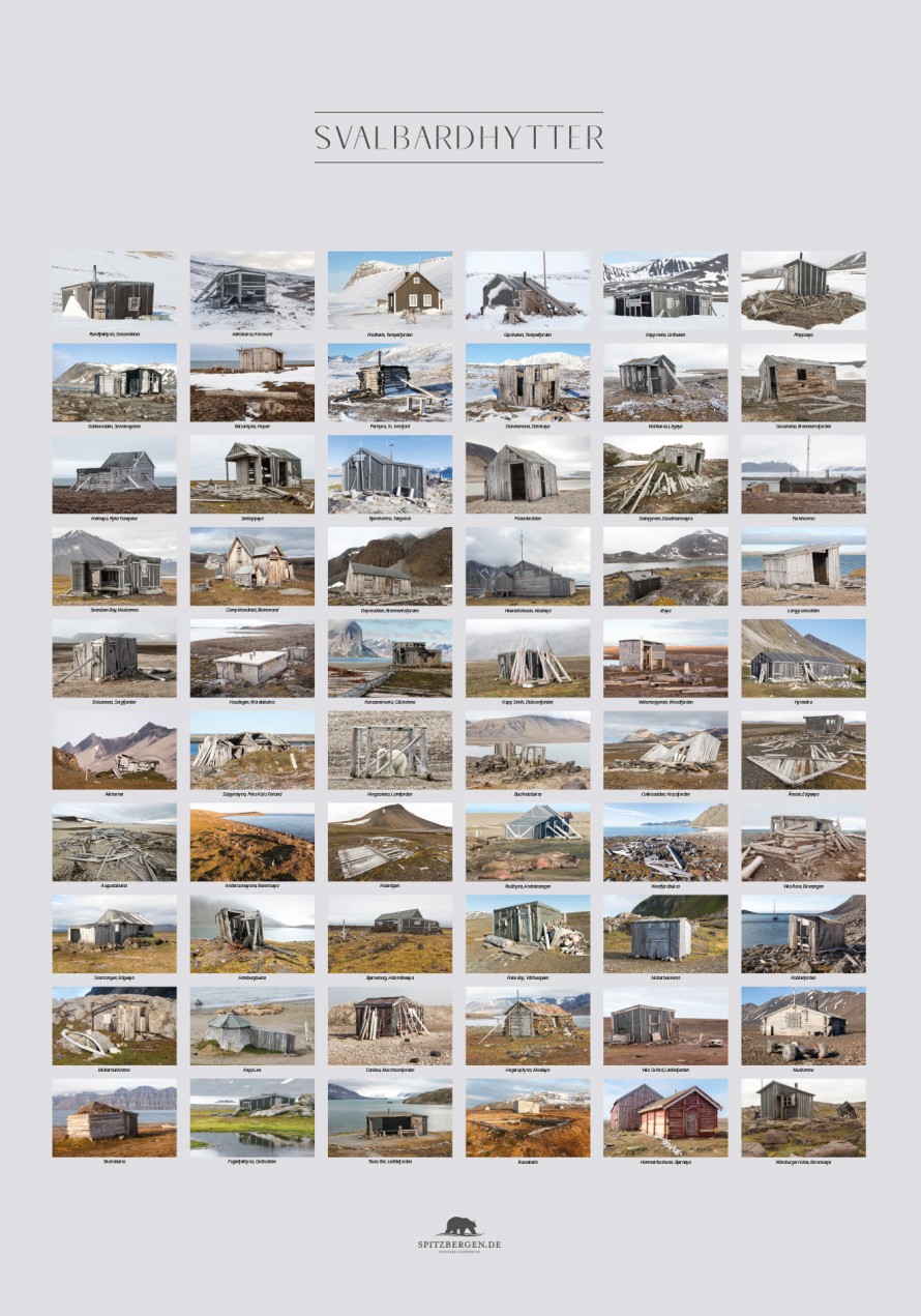 Poster Svalbardhytter: 60 Hütten rund um Spitzbergen, 100 x 70 cm groß.